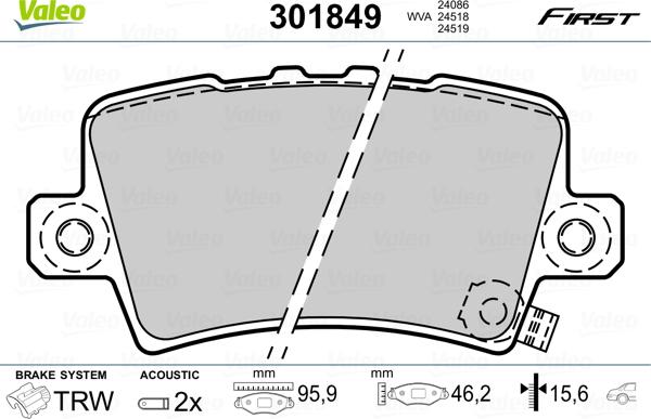 Valeo 301849 - Тормозные колодки, дисковые, комплект parts5.com