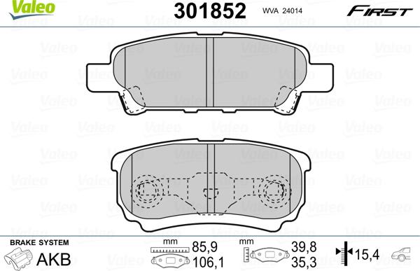 Valeo 301852 - Тормозные колодки, дисковые, комплект parts5.com