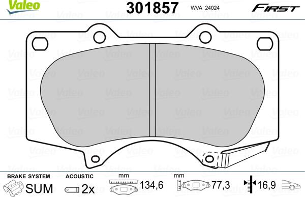 Valeo 301857 - Тормозные колодки, дисковые, комплект parts5.com