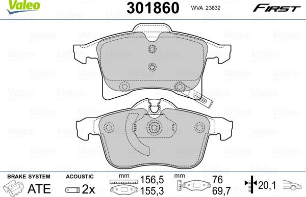 Valeo 301860 - Тормозные колодки, дисковые, комплект parts5.com