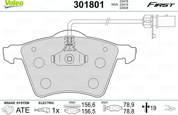 Valeo 301801 - Тормозные колодки, дисковые, комплект parts5.com