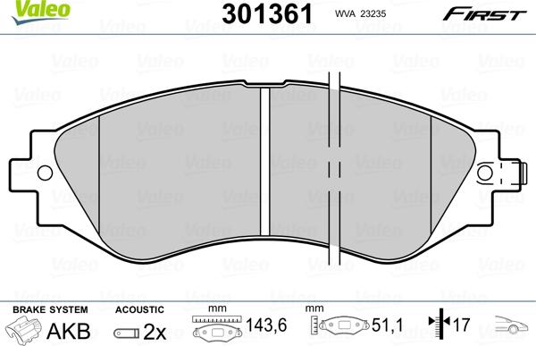 Valeo 301361 - Тормозные колодки, дисковые, комплект parts5.com