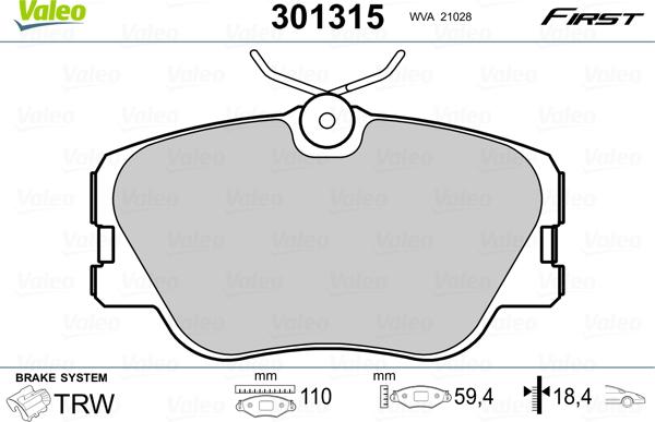 Valeo 301315 - Тормозные колодки, дисковые, комплект parts5.com