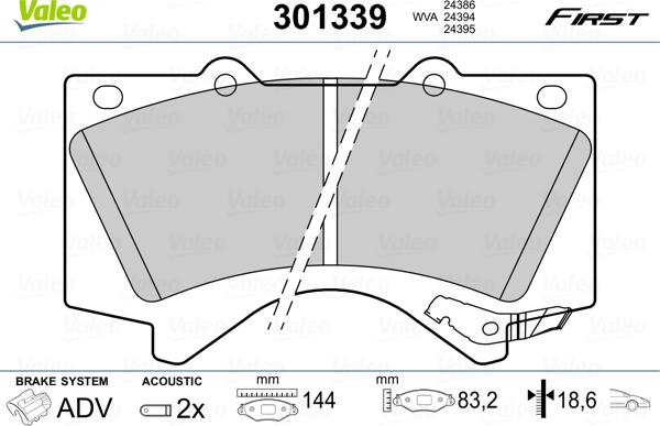 Valeo 301339 - Тормозные колодки, дисковые, комплект parts5.com