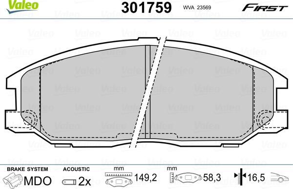 Valeo 301759 - Тормозные колодки, дисковые, комплект parts5.com