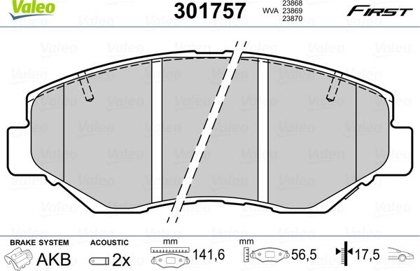 Valeo 301757 - Тормозные колодки, дисковые, комплект parts5.com