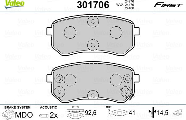 Valeo 301706 - Тормозные колодки, дисковые, комплект parts5.com