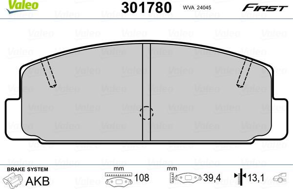 Valeo 301780 - Тормозные колодки, дисковые, комплект parts5.com