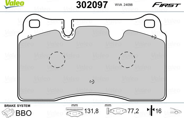 Valeo 302097 - Тормозные колодки, дисковые, комплект parts5.com