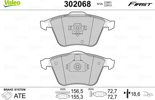 Valeo 302068 - Тормозные колодки, дисковые, комплект parts5.com