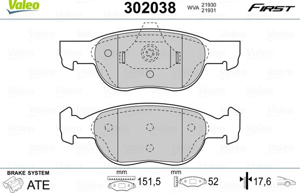 Valeo 302038 - Тормозные колодки, дисковые, комплект parts5.com