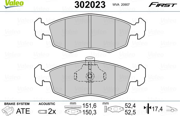 Valeo 302023 - Тормозные колодки, дисковые, комплект parts5.com