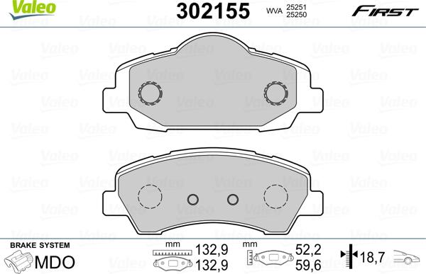 Valeo 302155 - Тормозные колодки, дисковые, комплект parts5.com