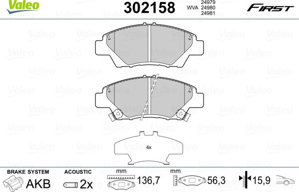 Valeo 302158 - Тормозные колодки, дисковые, комплект parts5.com