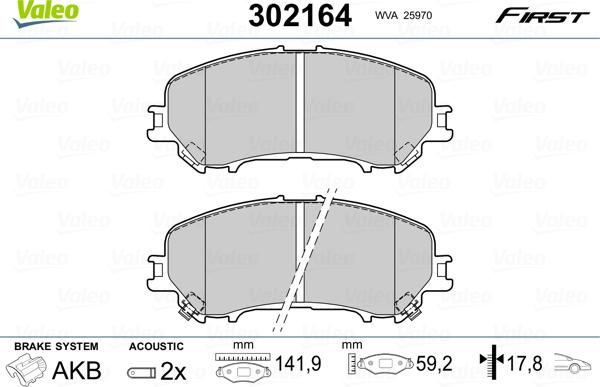 Valeo 302164 - Тормозные колодки, дисковые, комплект parts5.com