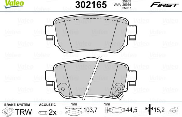 Valeo 302165 - Тормозные колодки, дисковые, комплект parts5.com