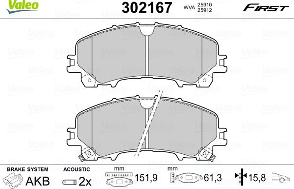 Valeo 302167 - Тормозные колодки, дисковые, комплект parts5.com