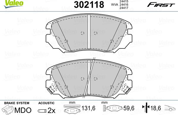 Valeo 302118 - Тормозные колодки, дисковые, комплект parts5.com