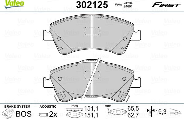 Valeo 302125 - Тормозные колодки, дисковые, комплект parts5.com