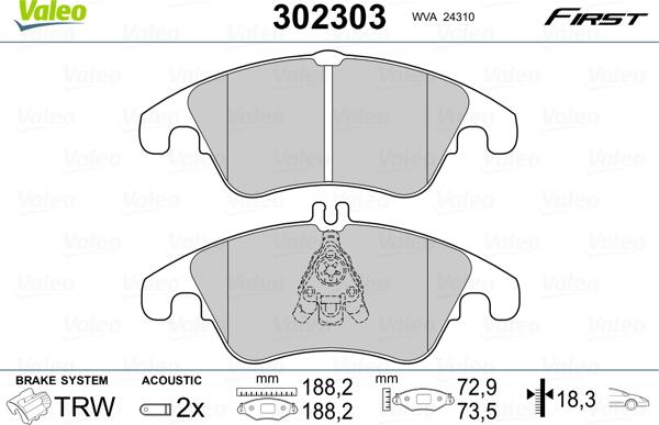 Valeo 302303 - Тормозные колодки, дисковые, комплект parts5.com