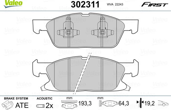 Valeo 302311 - Тормозные колодки, дисковые, комплект parts5.com