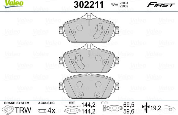 Valeo 302211 - Тормозные колодки, дисковые, комплект parts5.com