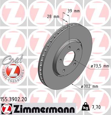 Zimmermann 155.3902.20 - Тормозной диск parts5.com