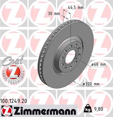 Zimmermann 100.1249.20 - Тормозной диск parts5.com