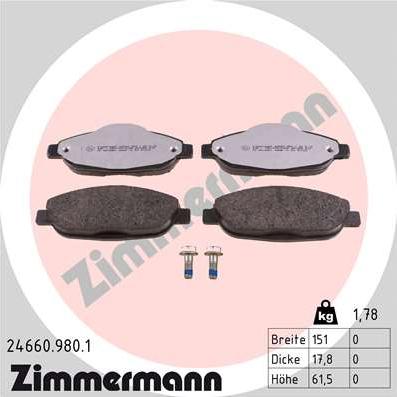 Zimmermann 24660.980.1 - Тормозные колодки, дисковые, комплект parts5.com