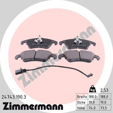 Zimmermann 24743.190.3 - Тормозные колодки, дисковые, комплект parts5.com