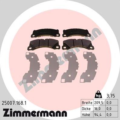 Zimmermann 25007.168.1 - Тормозные колодки, дисковые, комплект parts5.com