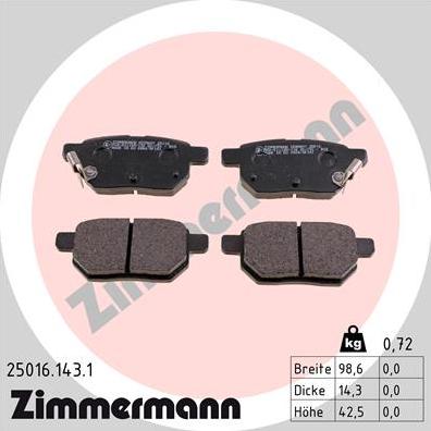 Zimmermann 25016.143.1 - Тормозные колодки, дисковые, комплект parts5.com