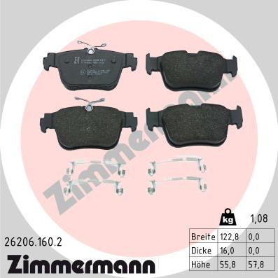 Zimmermann 26206.160.2 - Тормозные колодки, дисковые, комплект parts5.com