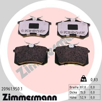 Zimmermann 20961.950.1 - Тормозные колодки, дисковые, комплект parts5.com