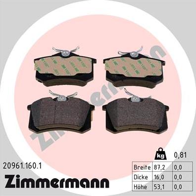 Zimmermann 20961.160.1 - Тормозные колодки, дисковые, комплект parts5.com