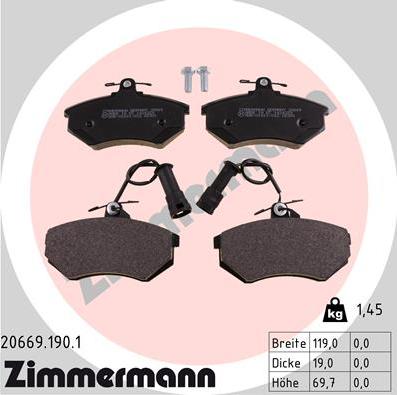 Zimmermann 20669.190.1 - Тормозные колодки, дисковые, комплект parts5.com