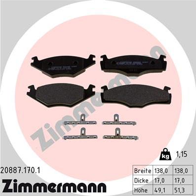 Zimmermann 20887.170.1 - Тормозные колодки, дисковые, комплект parts5.com