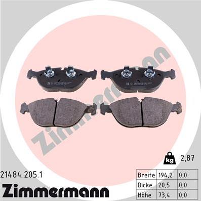 Zimmermann 21484.205.1 - Тормозные колодки, дисковые, комплект parts5.com