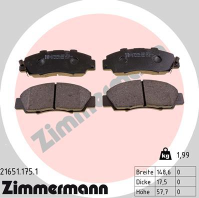 Zimmermann 21651.175.1 - Тормозные колодки, дисковые, комплект parts5.com
