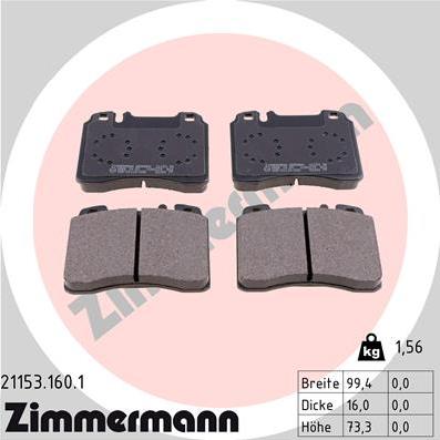 Zimmermann 21153.160.1 - Тормозные колодки, дисковые, комплект parts5.com