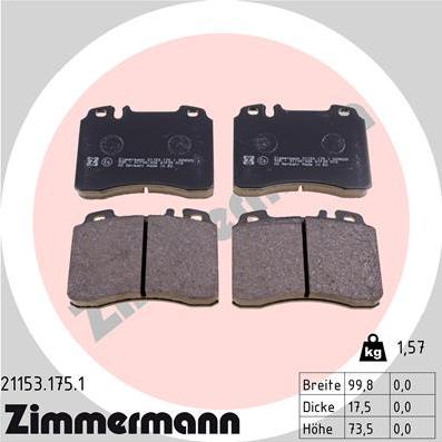 Zimmermann 21153.175.1 - Тормозные колодки, дисковые, комплект parts5.com