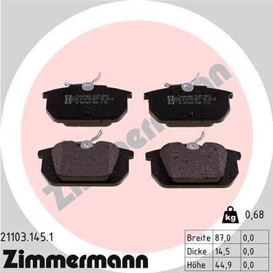 Zimmermann 21103.145.1 - Тормозные колодки, дисковые, комплект parts5.com