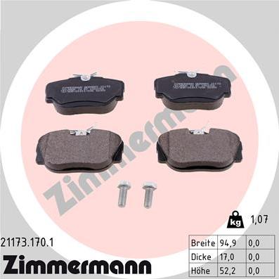 Zimmermann 21173.170.1 - Тормозные колодки, дисковые, комплект parts5.com