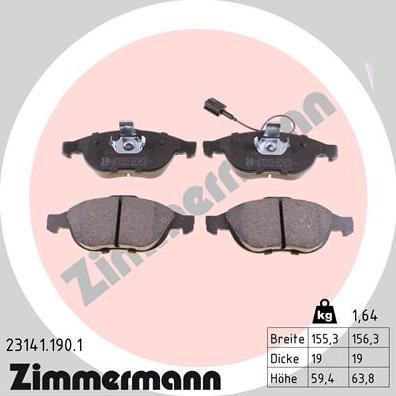 Zimmermann 23141.190.1 - Тормозные колодки, дисковые, комплект parts5.com