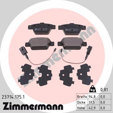 Zimmermann 23714.175.1 - Тормозные колодки, дисковые, комплект parts5.com