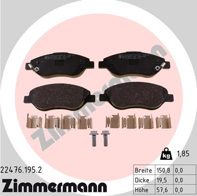 Zimmermann 22476.195.2 - Тормозные колодки, дисковые, комплект parts5.com