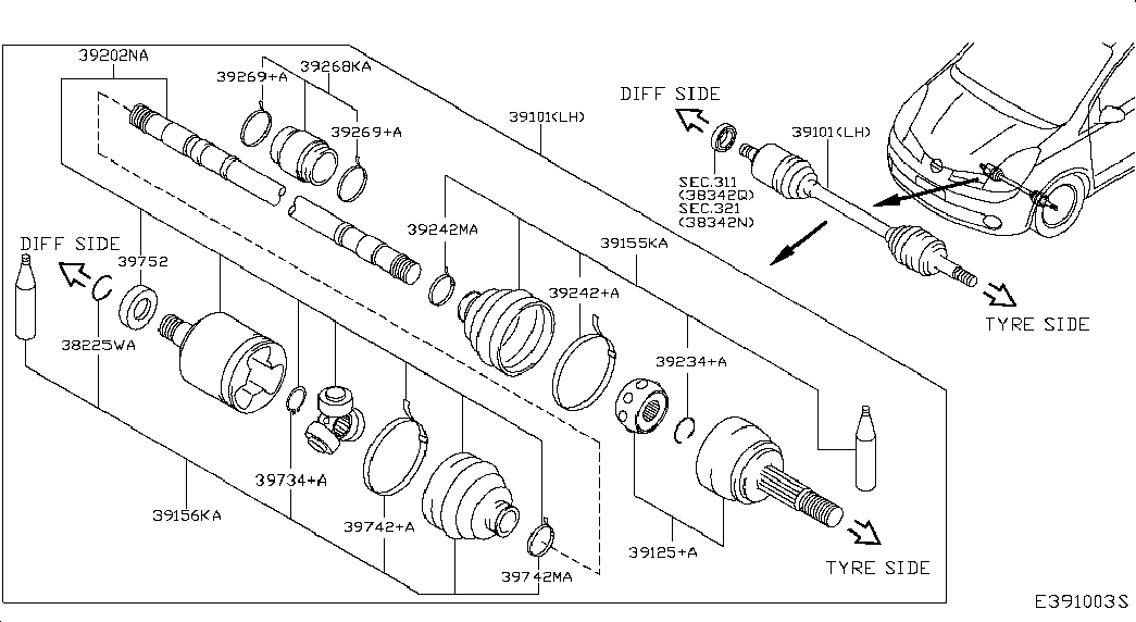 NISSAN 391011U600 - Приводной вал parts5.com